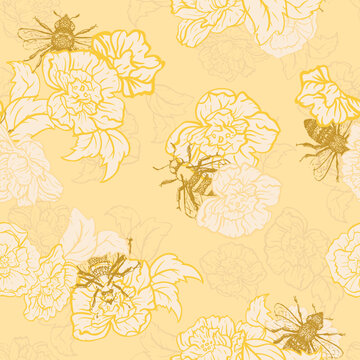 Vector Honey Yellow Bees with Roses seamless pattern background.