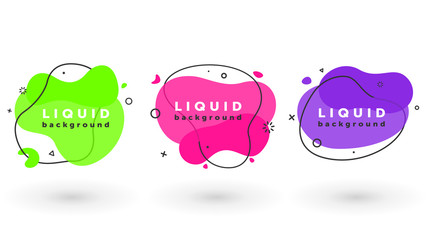Modern trendy abstract liquid set. Flat geometric fluid elements with Proton Purple, UFO green and Plastic Pink colors.  liquid elements for flyer, presentation, banner or social post. EPS 10