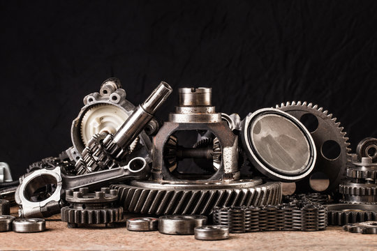 Various car parts and accessories, on black  background - Image