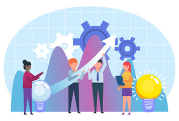 Team, teamwork, business growth concept. People pulling growth arrow up. Poster for social media, banner, presentation, web page. Flat design vector illustration