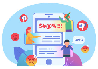Bullying, trolling online in phone chat, messenger. People quarreling in phone chat. Poster for social media, web page, banner, presentation. Flat design vector illustration