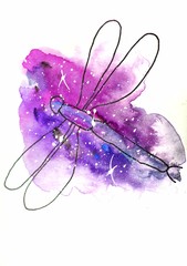 watercolor sketch illustration, tattoo style: contour of dragonfly on a background of pink and lilac spots, like space with white stars, suitable for printing T-shirts