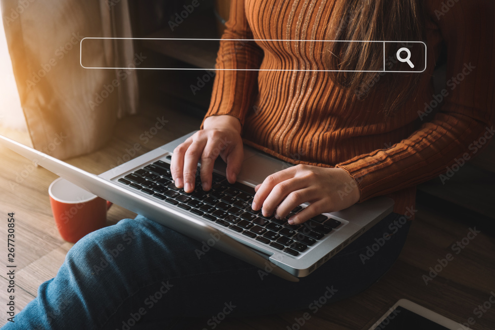 Poster searching browsing internet data information with blank search bar.businessman working with smart ph