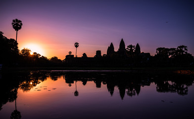 silhouette of Angkor wat  at sunrise in Cambodia