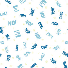 Seamless pattern with hand drawn speech bubbles with handwritten short phrases yes, bye, omg, wow, hi, lol, love, oops, no. Vector