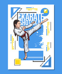Karate girl showing high leg kick, karate girl training on abstract background. Sport poster, print graphic design. Bright, colorful vector illustration © paper_owl