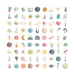 Cute cartoon icons on science, school, study theme. Physics, chemistry, astronomy and other sciences - vector illustrations of icons for children. Back to school educational icons, science cartoon