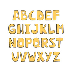 Colorful vector cartoon alphabet for kids on a white background. Upper letters with textural stroke. Cute abc design for book cover, poster, card, print on baby's clothes, pillow.