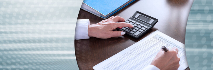 Woman doing her accounting. panoramic banner