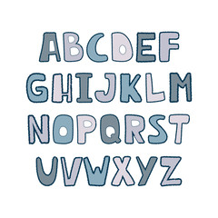 Colorful vector cartoon alphabet for kids on a white background. Upper letters with textural stroke. Cute abc design for book cover, poster, card, print on baby's clothes, pillow.