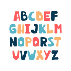 Colorful vector cartoon alphabet for kids on a white background. Upper letters with textural stroke. Cute abc design for book cover, poster, card, print on baby's clothes, pillow.