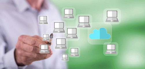 Man touching a cloud computing concept