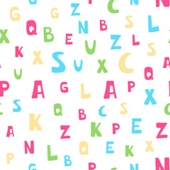 Seamless pattern with colorful letters. Vector background with alphabet for fabric, banner, wrapping paper, bed linen, wallpaper. Doodle pattern with letters.