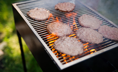 Delicious assorted grilled meat with vegetables over the coals on barbecue
