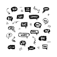 Hand drawn set of speech bubbles with handwritten short phrases yes, surprese, bye, ok, i'm good, omg, wow, hi, welcome, lol, love, oops, yeah, no, nope, wtf, hello, why, stop, let's go. Vector