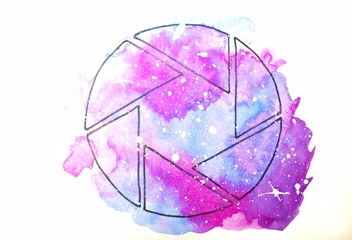 watercolor sketch illustration, tattoo style: the contour of the camera s dummies against a background of pink and lilac cosmos-like spots with white stars, suitable for printing T-shirts