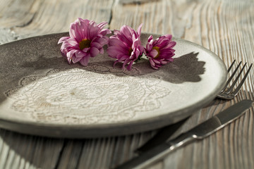 Fototapeta na wymiar Edible flowers on plate and free space for your decoration 