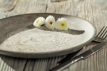 Edible flowers on plate and free space for your decoration 