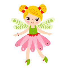 Fairy is standing on a white background and smiling. Cute girl with wings
