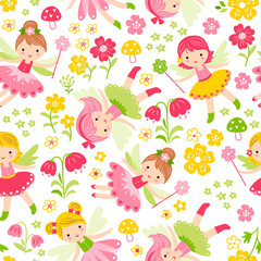 Seamless illustration with fairies and flowers on a white background.