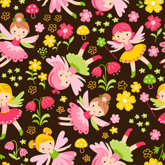 Seamless illustration with fairies and flowers on a brown background.