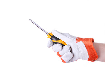 Hand holding a yellow and black screwdriver isolated over white background