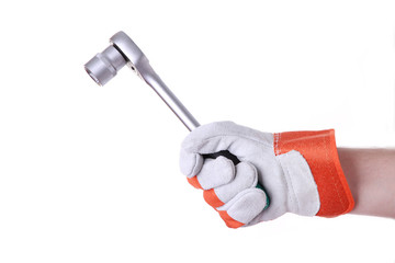 Socket spanner wrench in hand isolated on a white background