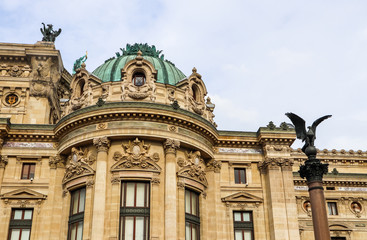 Architectural details of facade of Paris Opera (Palais Garnier). France. April 2019