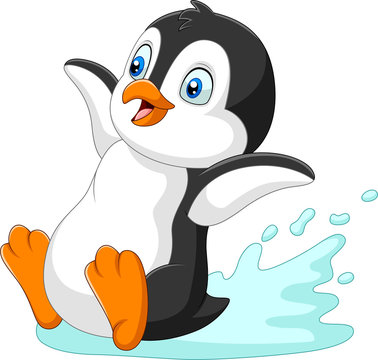 Cartoon penguin sliding on water