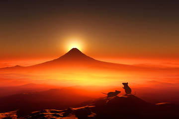 富士山の日の出とネズミのシルエット Wall Mural Wallpaper Murals Bigfoot