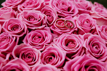 Two wedding rings placed on the bouquet of red roses. Close up image.