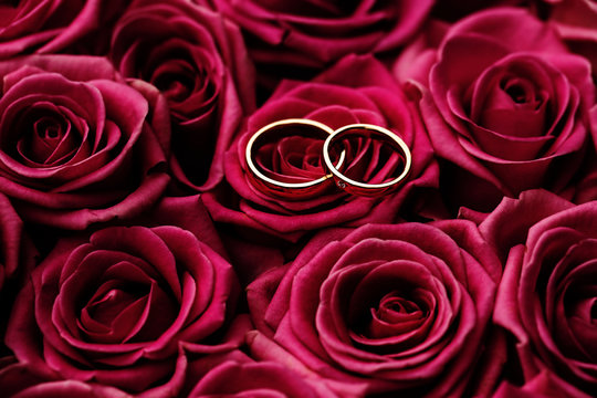 Two wedding rings placed on the bouquet of red roses. Close up image.