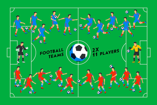 Football players on a green field. Soccer players on different positions playing football on a stadium. Spectacular sport. Colorful flat style illustration.