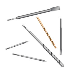 Realistic 3d Detailed Metallic Drill Bits Set Tools for Construction Work, Drilling Hole.
