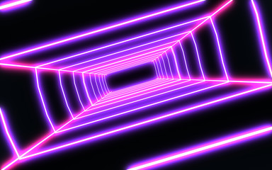 3D neon tunnel with neon light. 3d illustration