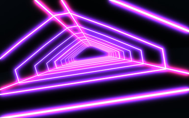3D neon tunnel with neon light. 3d illustration