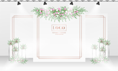 Wedding backdrop design template with white and rose gold color theme.
