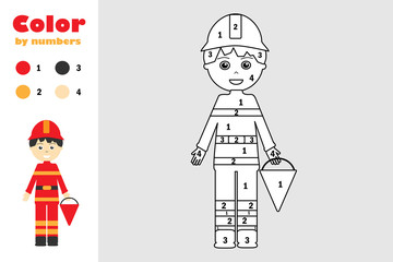 Fireman in cartoon style, color by number, education paper game for the development of children, coloring page, kids preschool activity, printable worksheet, vector illustration - 267737456