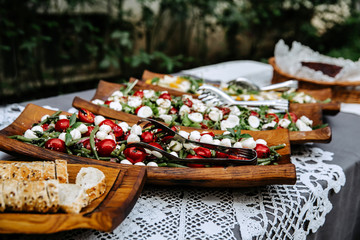 Tomato and cheese salad served on rustic wooden plates. 