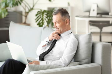 Handsome mature businessman working on laptop in office