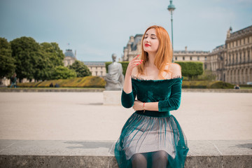 Paris vacation, vintage fashion style . Woman at France. Stylish beautiful modern lady in city