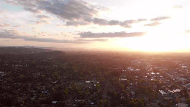 city ​​at sunset after rain, a top view from a quadrocopter