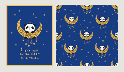 Naklejka premium I love you to the moon and back. Set of Greeting card with heart and cute pandas on the moon. Seamless pattern for gift wrap, textile or book covers, wallpapers and scrapbook. Vector.