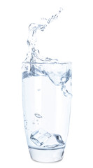 Glass of fresh water with splash on white background