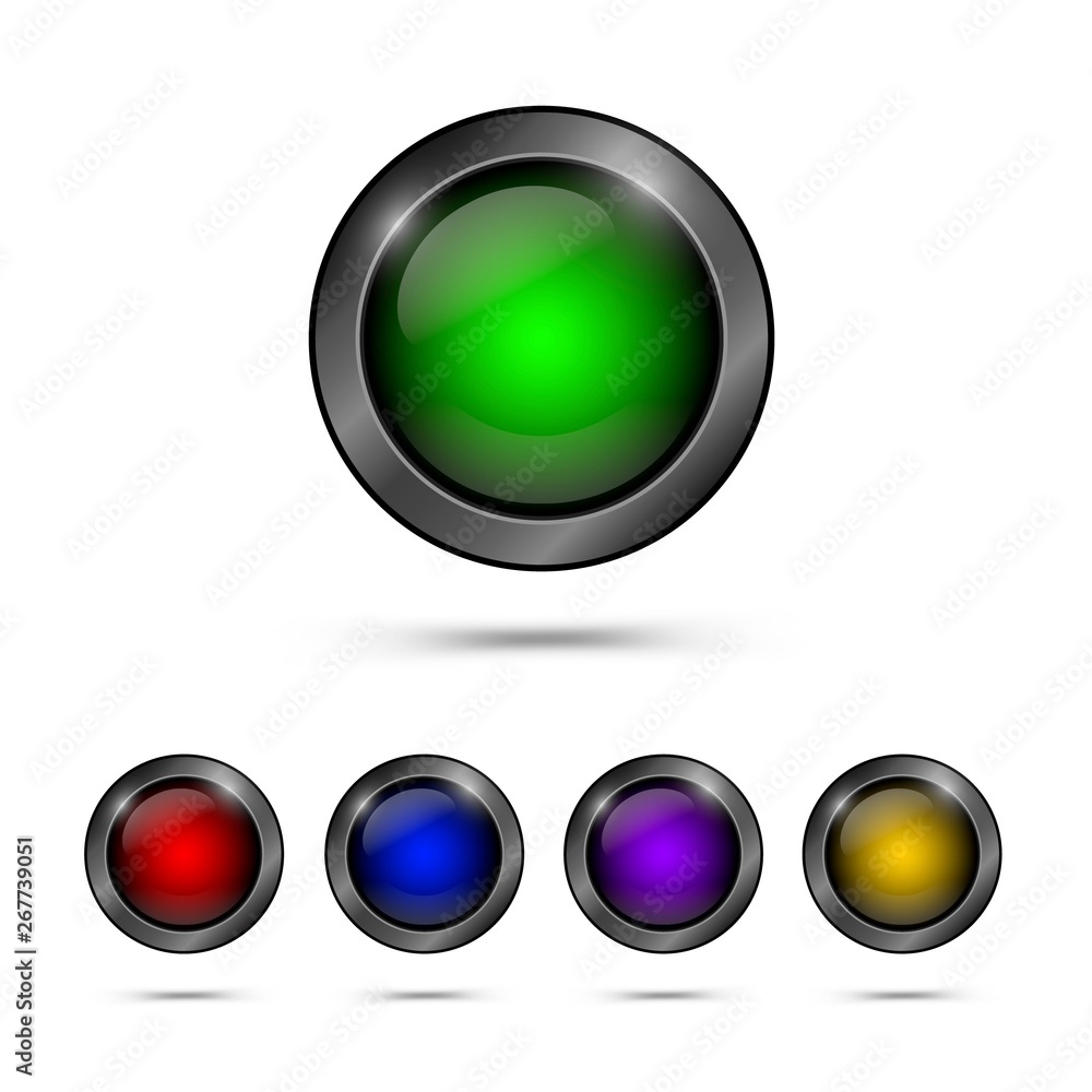 Poster set of trendy glass buttons for web design. vector buttons red, blue, yellow, green, purple color.