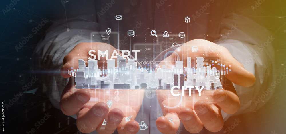 Poster businessman holding smart city user interface with icon, stats and data 3d rendering