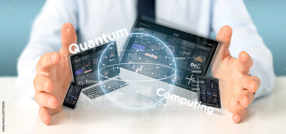 Poster businessman holding quantum computing concept with qubit and devices 3d rendering