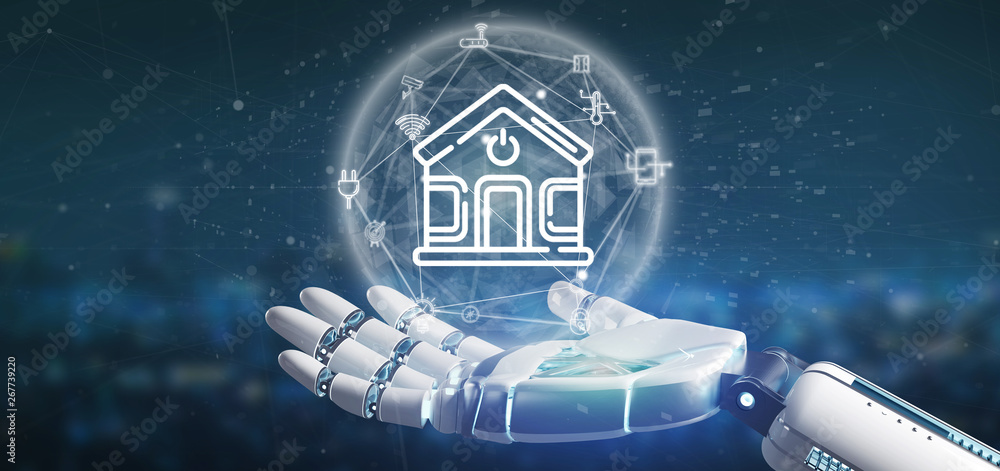 Poster cyborg holding smart home interface with icon, stats and data 3d rendering