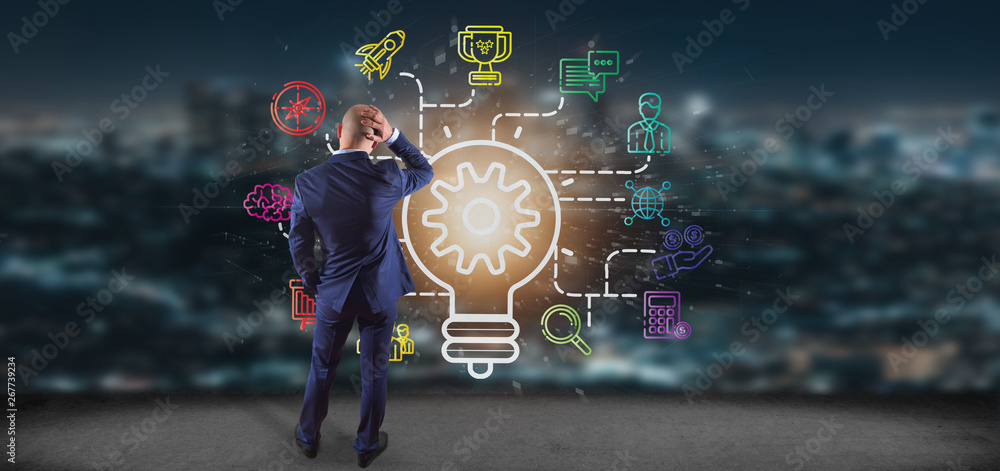 Poster businessman in front of a bulb lamp idea concept with start up icon connected 3d rendering