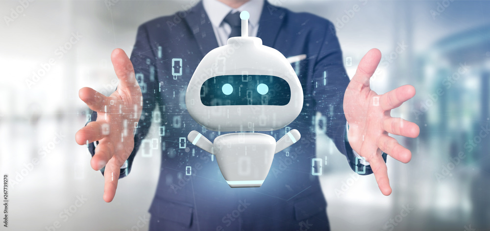 Poster businessman holding chatbot with binary code 3d rendering